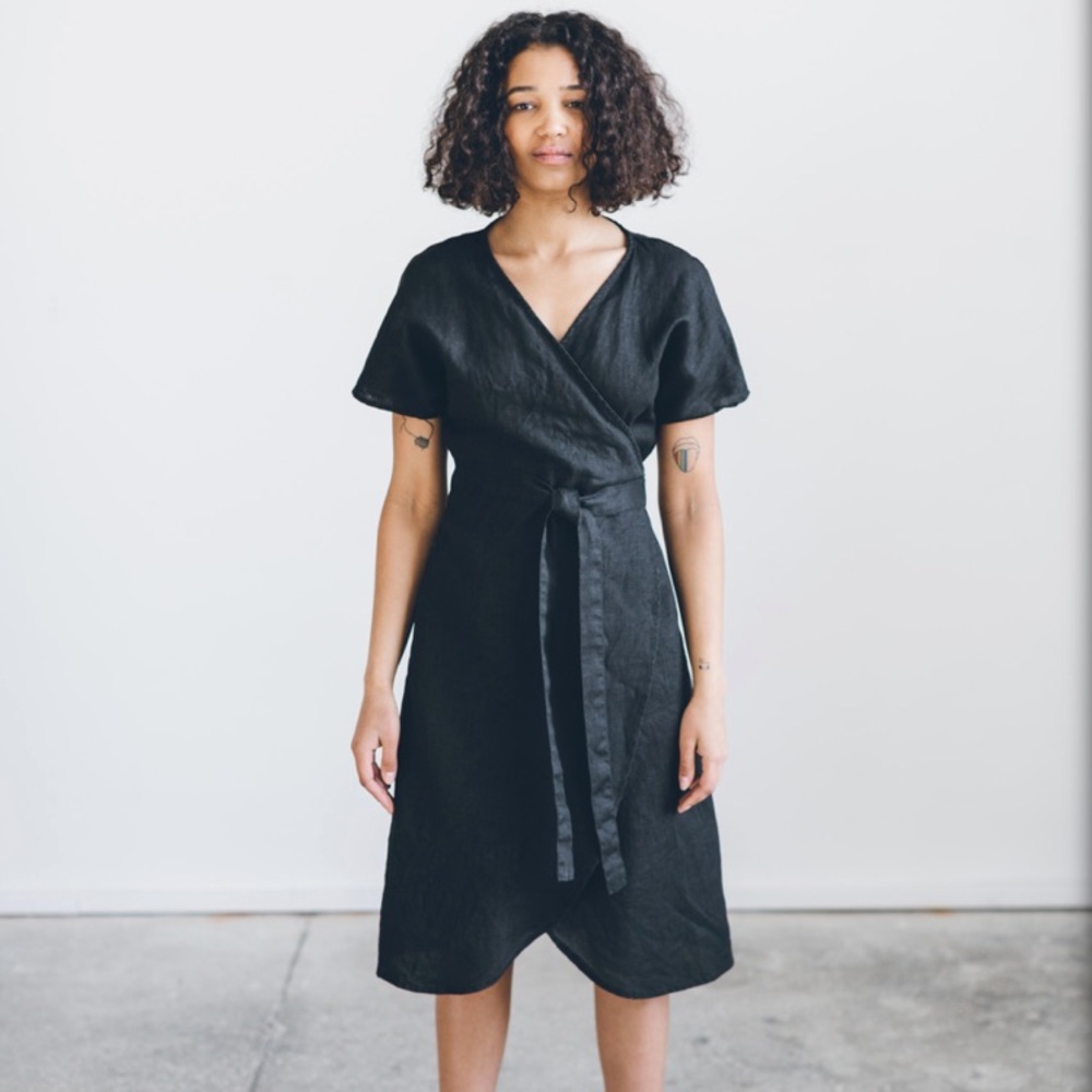 Linenfox Black Linen Wrap Dress Mimosa